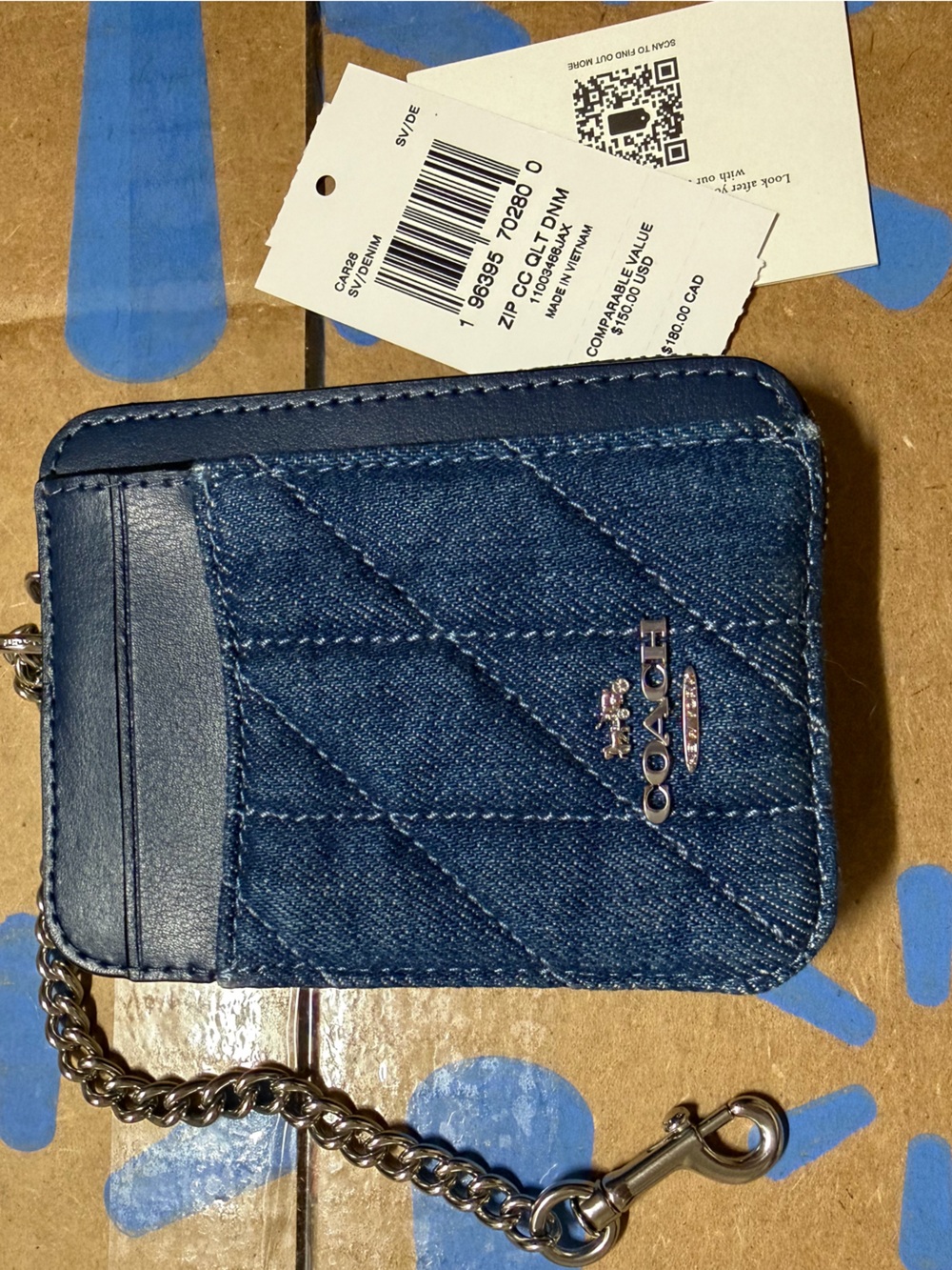 COACH Denim Quilted Card Case with Chain - Blue